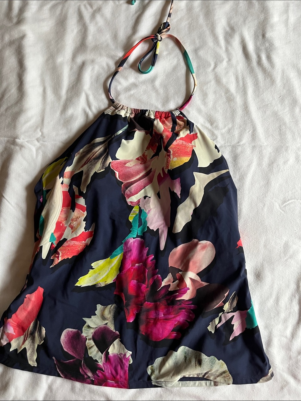 Kenneth Cole Navy Floral Halter Swim Cover-Up with Pink, Green and Cream Accents